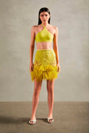 Guipure Yellow Lace Feathered Mini Skirt Front