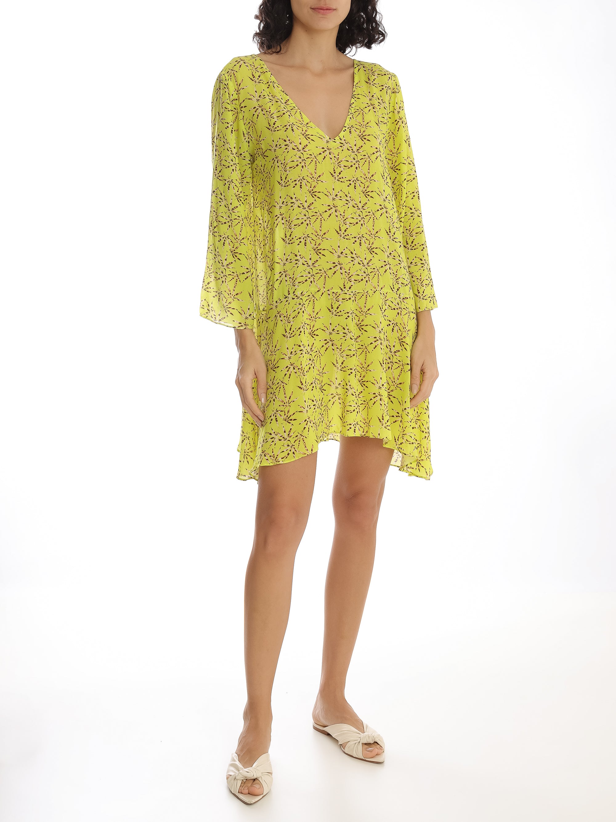 Hemp Leopard Print Yellow Short Dress Front