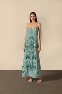 Model wearing the Hera Deep-V Long Dress Front showcasing its Blue color on 100% Silk fabric.  