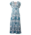Still image of the Hera Ruffled Long Dress color blue with 100% viscose fabric