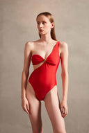 Holiday Red One-Shoulder Swimsuit Front