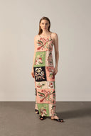 Model wearing the Inamorata Bare Back Maxi Dress front with 100% viscose fabric styled for a lunch look
