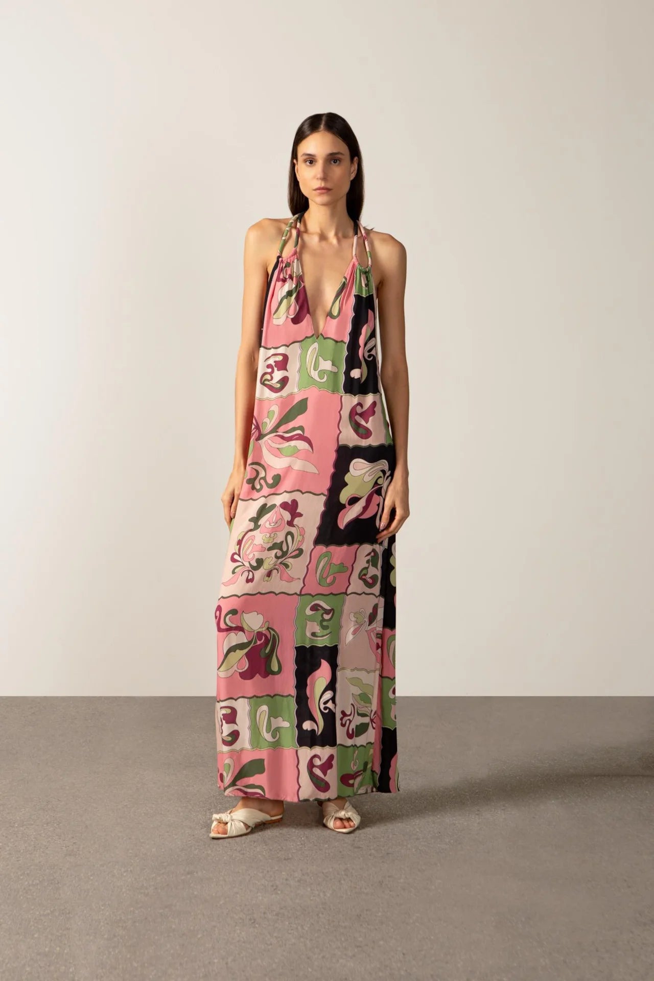 Model wearing the Inamorata Straps Maxi Dress with 100% viscose fabric styled for a resort look