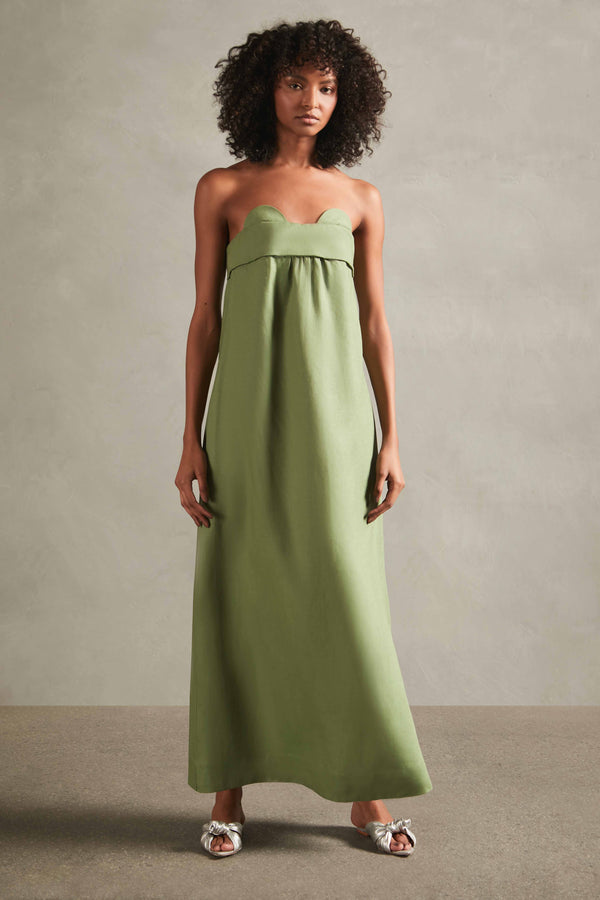Jellyfish Green Solid Strapless Long Linen Dress Front