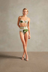 Jellyfish High Waisted Bikini Front Off-White with Green print