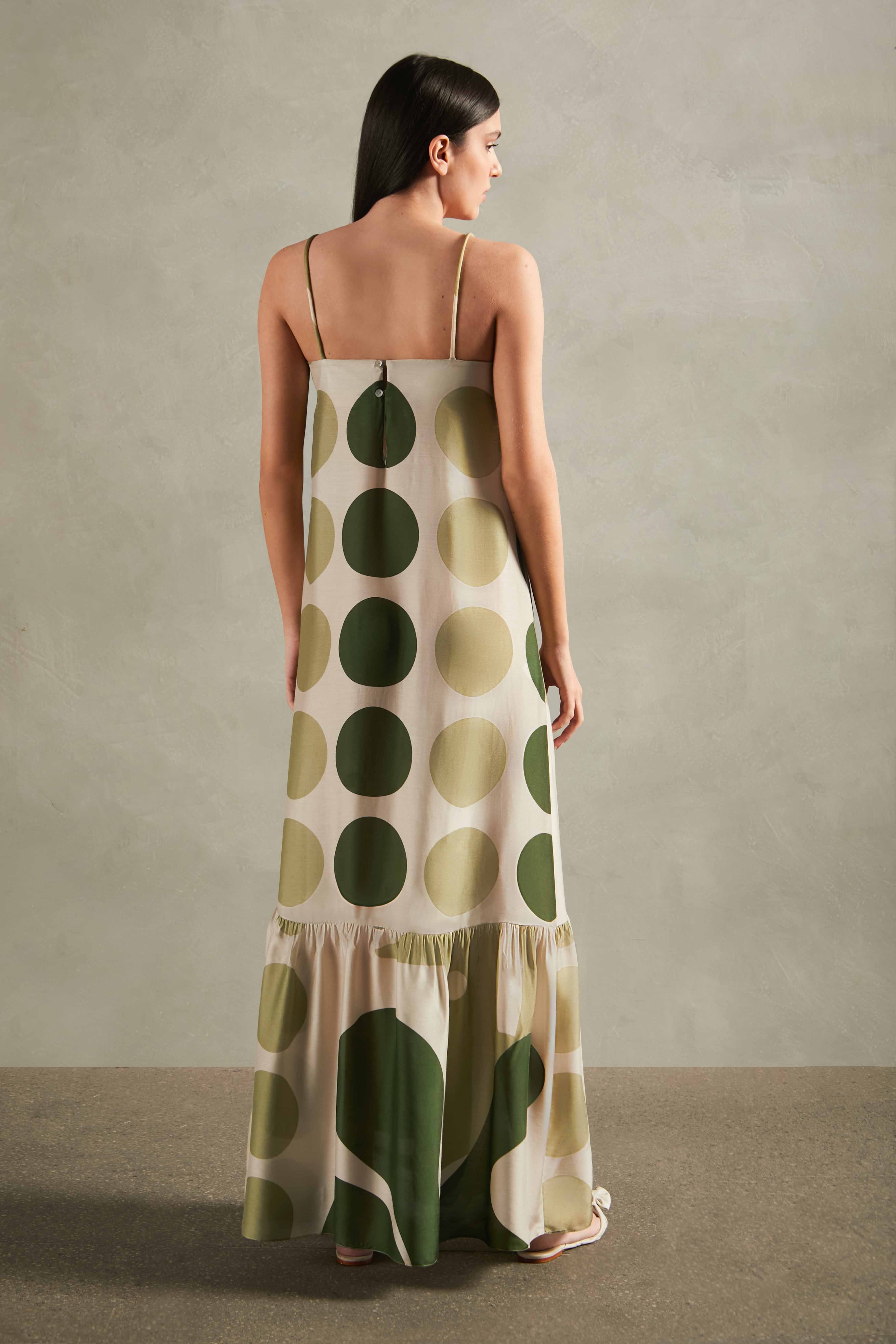 Jellyfish Long Dress Back off-white with green print