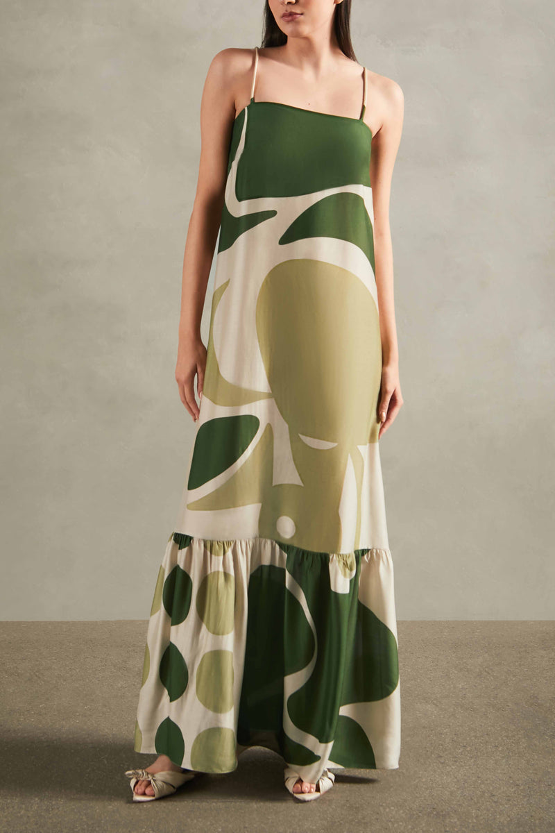 Jellyfish Long Dress Front off-white with green print