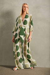 Jellyfish Long Kaftan Dress with front tie Off-White with Green Print