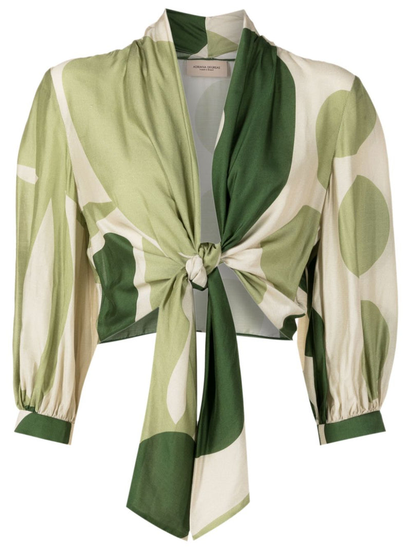 Jellyfish Puff-Sleeved Blouse - Off-White with Green Print