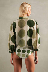 Jellyfish Puff-Sleeved Blouse back - Off-White with Green Print