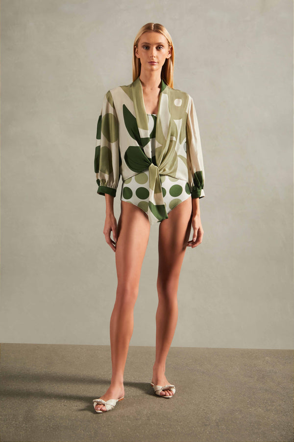 Jellyfish Puff-Sleeved Blouse front - Off-White with Green Print