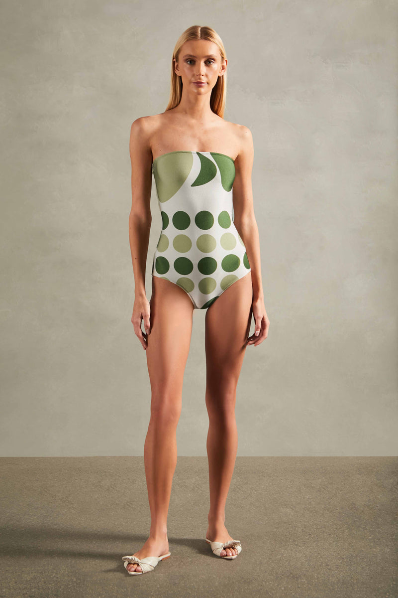 Jellyfish Strapless Swimsuit Front - off-white with green print