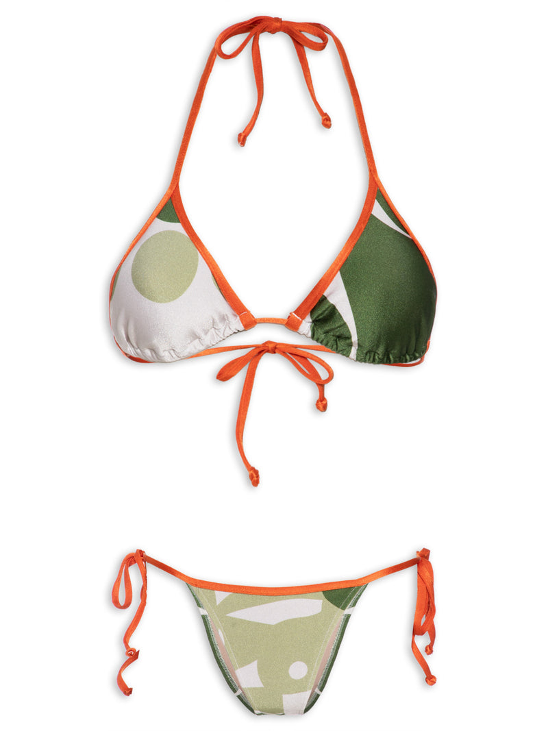 Jellyfish Triangle Bikini Product Shot - off-white with green print and orange straps