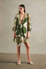 Jellyfish short robe with front tie -  Off-White with Green Print