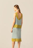 Model wearing La Sirenuse Lace V-Neck Tank Top back color blue, made from 100% viscose, styled for a resort look