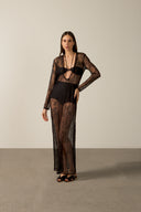 Model wearing the Lace Plunge-Neck Long Dress black front from the HS25 with 100% polyamide styled for a dinner and drinks look.  