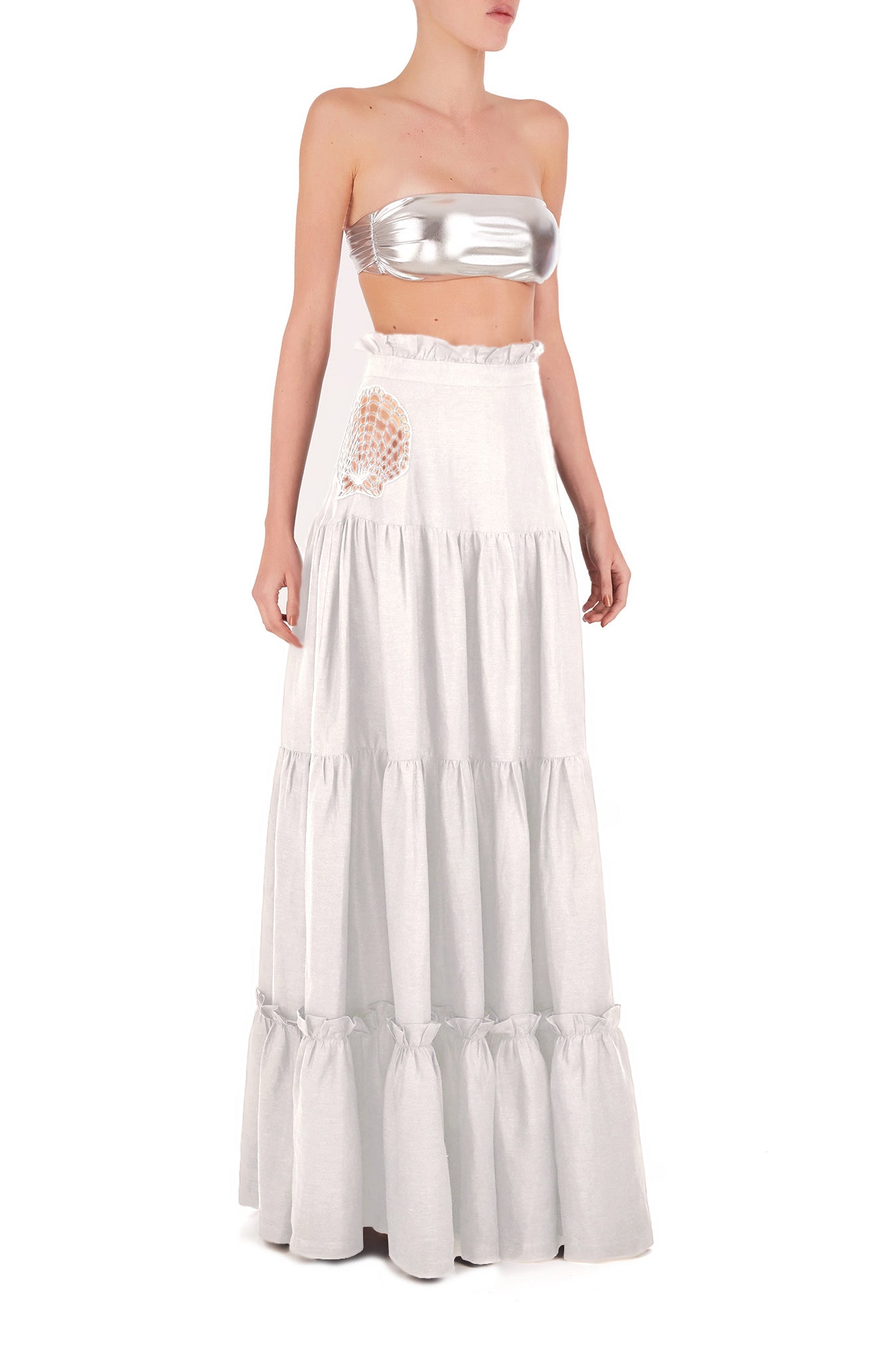 Marine Off White Long Skirt With Seashell Embroidery Front