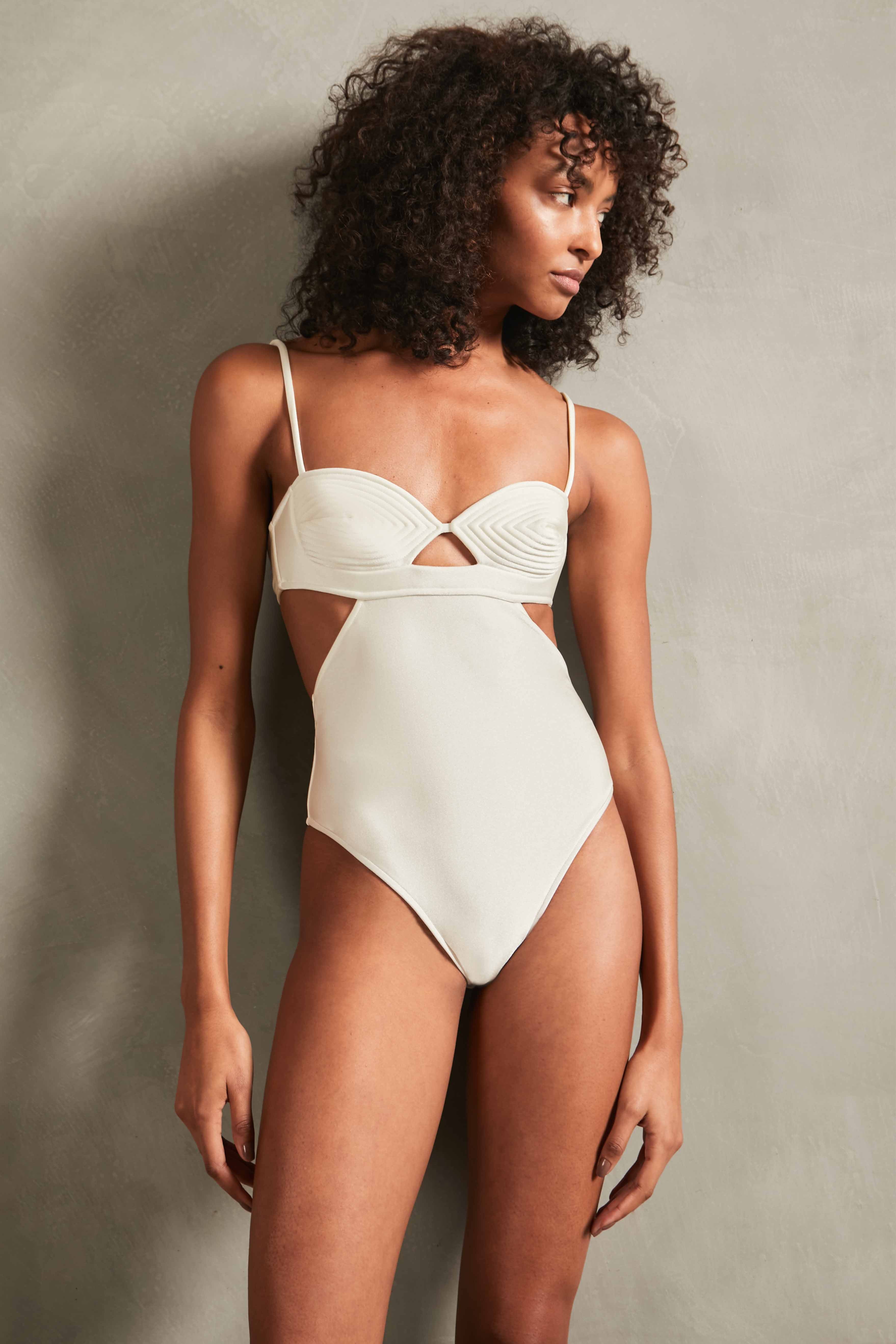 Matelasse Cut-Outs Swimsuit Off White Front 2