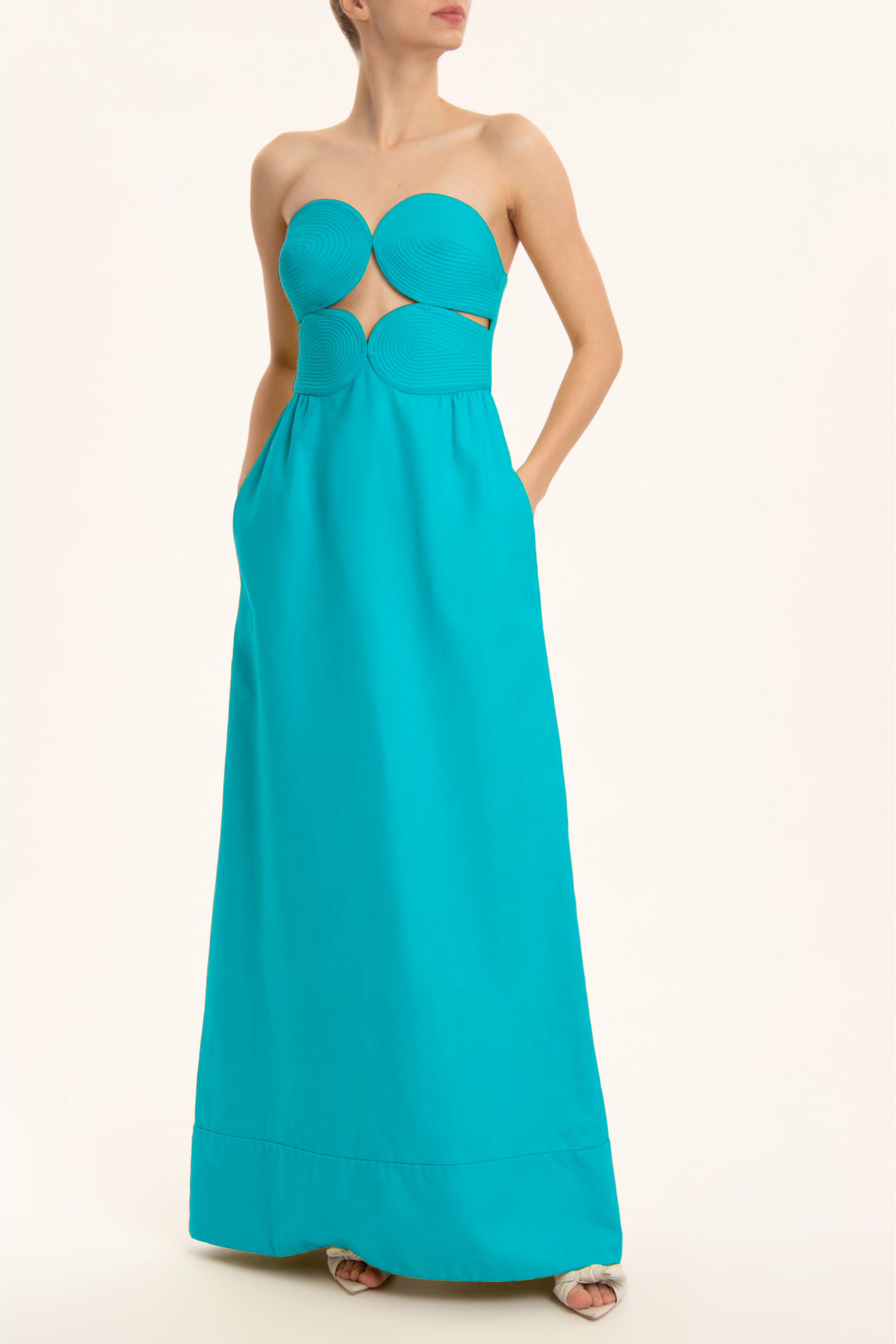 Matelasse Strapless Long Dress Turquoise Front
