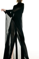 Model wearing the Maxi Skirt and Wide Sleeve Top Set detail from the Adriana Degreas and Sabine Getty collab with 100% Silk styled for a dinner look. 