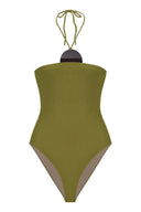 Still image of the Mobile Apliqué Swimsuit back, with a green pistachio print, on a 85% polyamide15% spandex.
