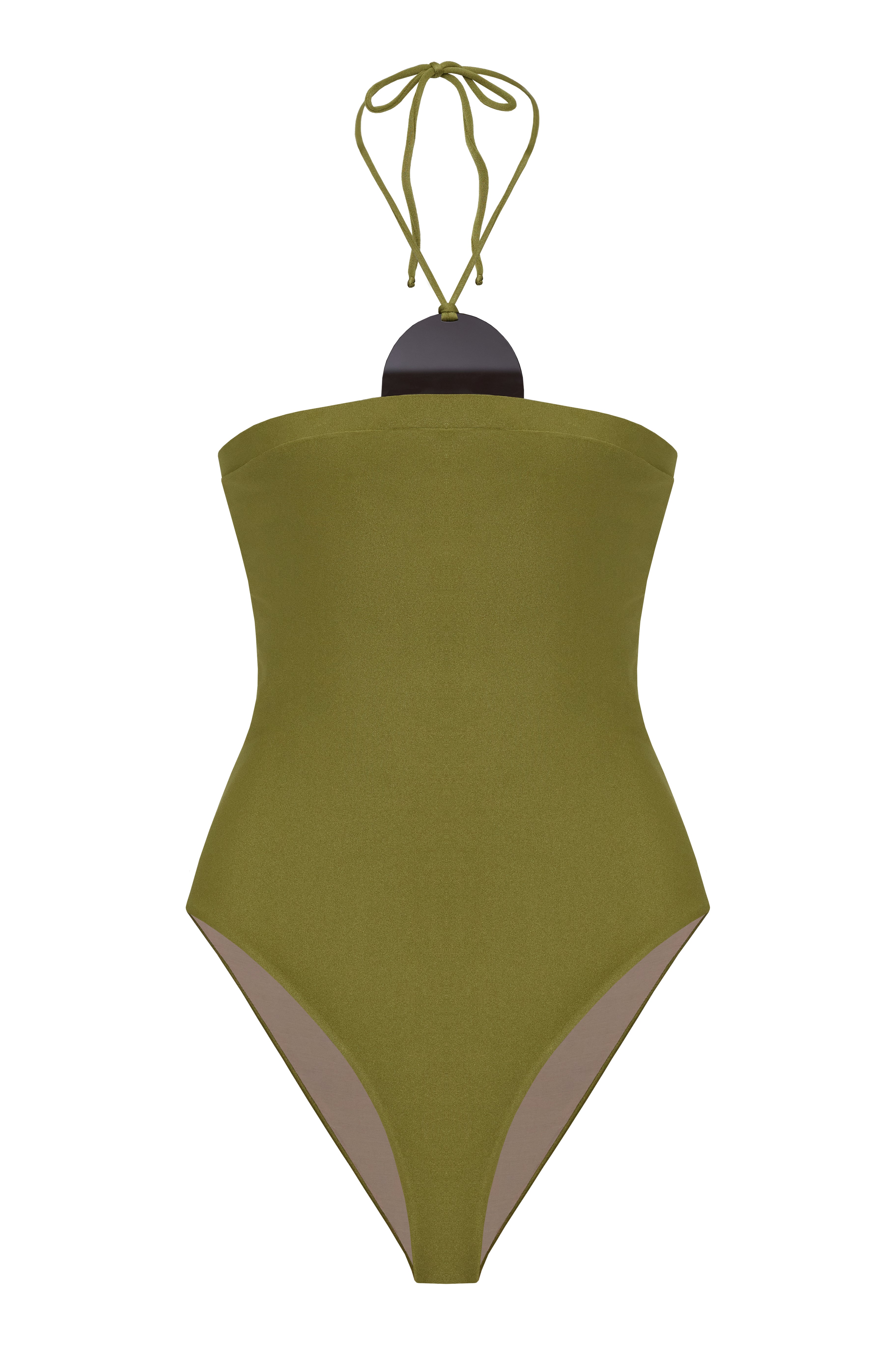 Still image of the Mobile Apliqué Swimsuit back, with a green pistachio print, on a 85% polyamide15% spandex.
