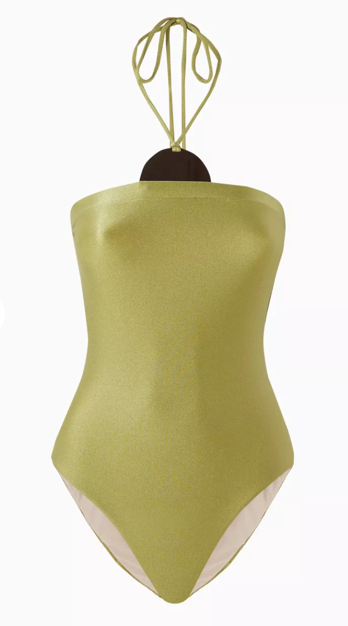 Still image of the Mobile Apliqué Swimsuit, with a green pistachio print, on a 85% polyamide15% spandex.
