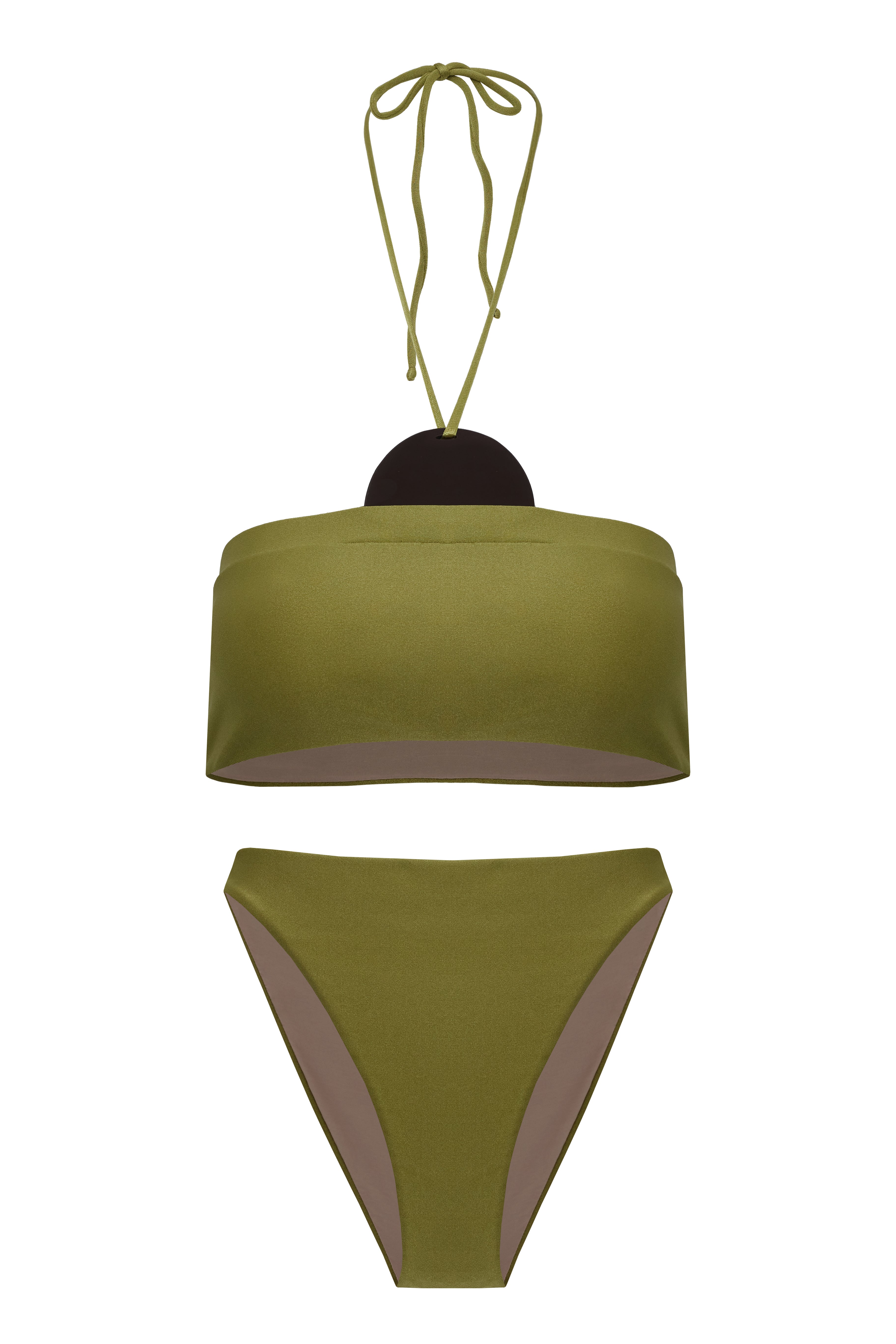 Still image of the Mobile Apliqué High Leg Bikini, with a green pistachio print, on a 85% polyamide 15% spandex fabric.