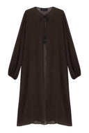 Still image of the Mobile Midi Robe, with a Coffee print, on a 100% silk fabric.
