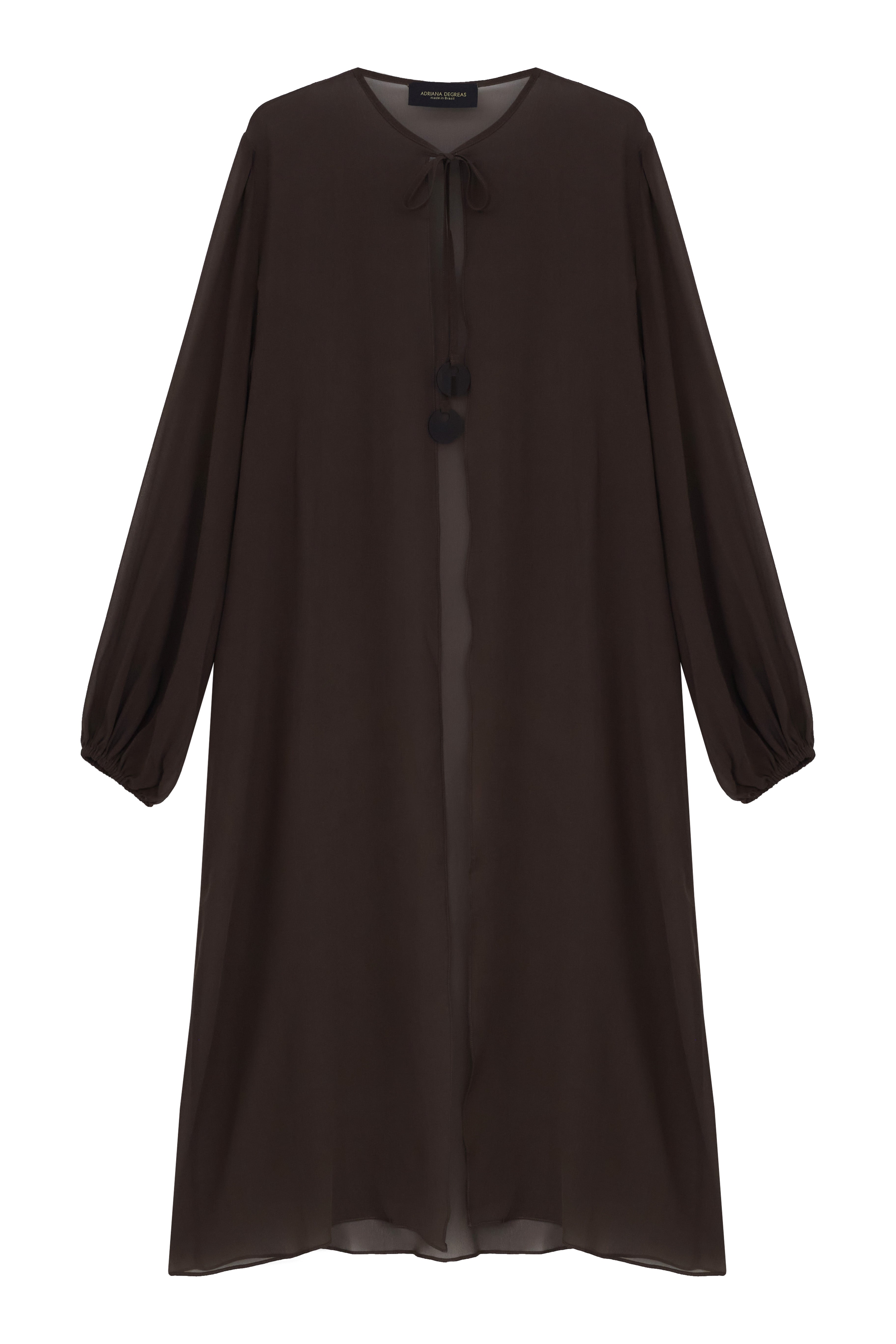 Still image of the Mobile Midi Robe, with a Coffee print, on a 100% silk fabric.
