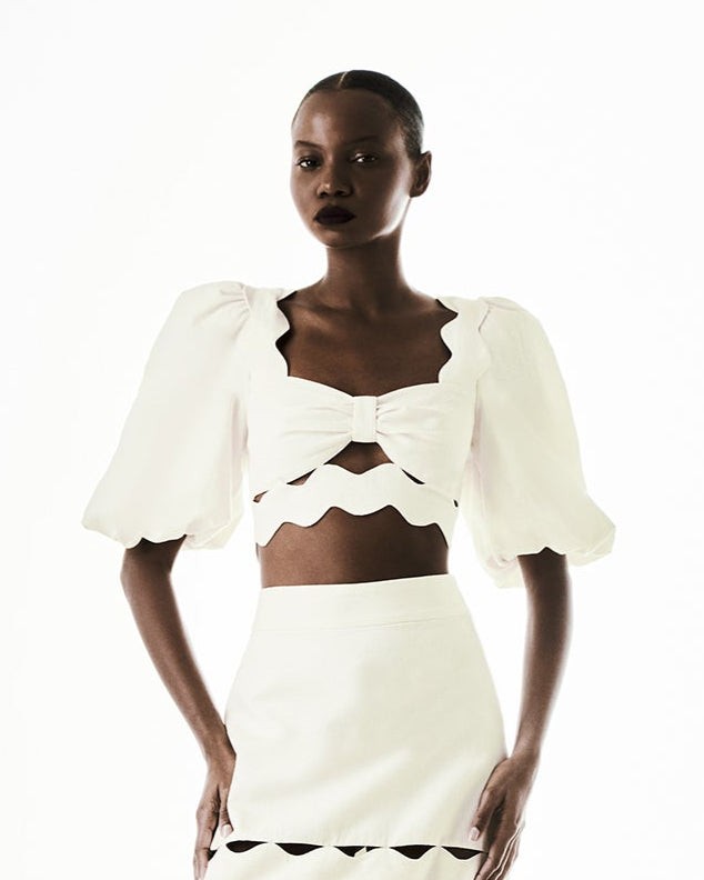 Moves Off White Puff-Sleeved Cropped Blouse Front