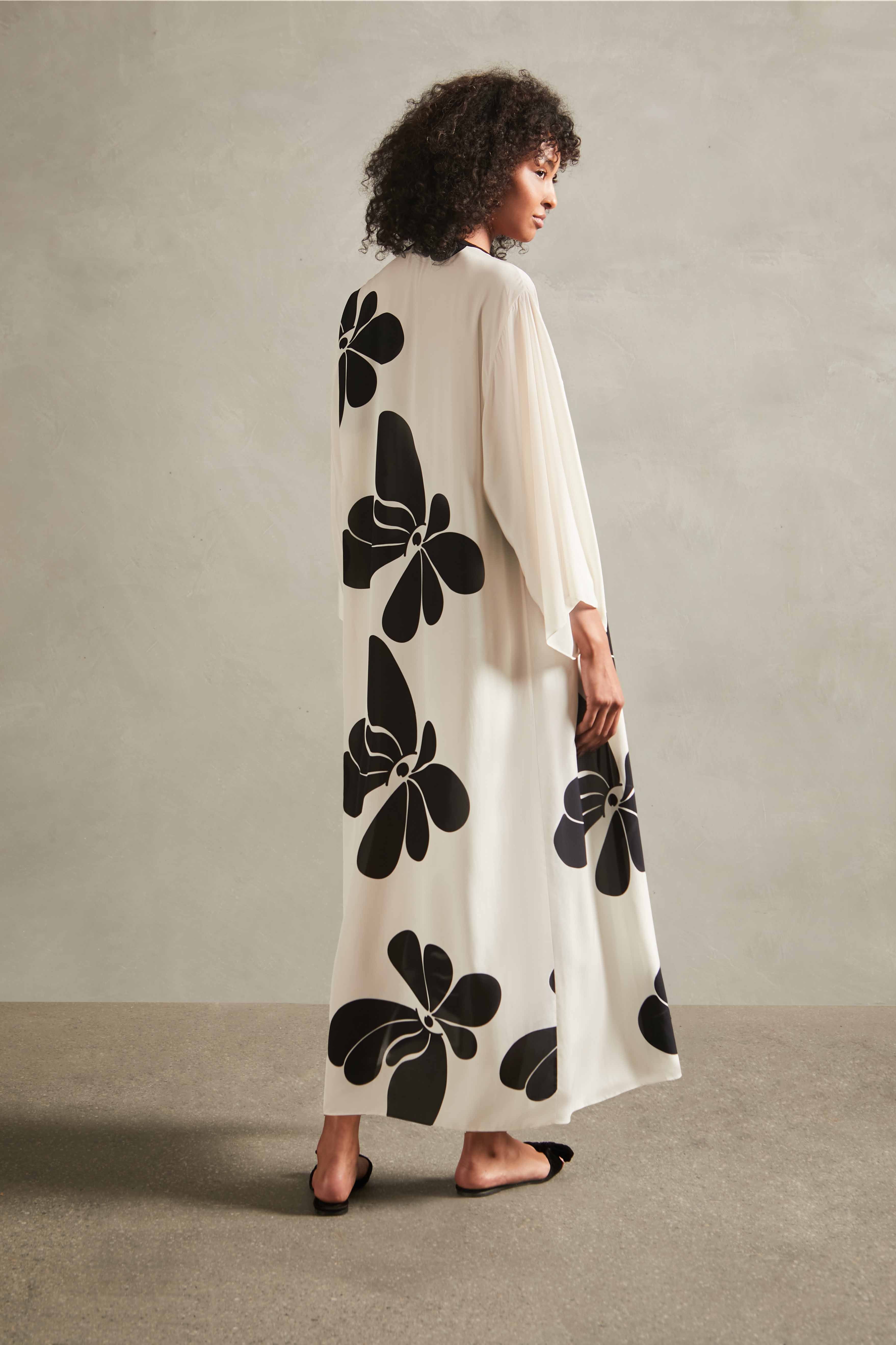 Off-White and Black Floral Long Robe Back