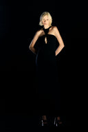 Model wearing the Open Back Maxi Dress black front from the Adriana Degreas and Sabine Getty collab with 96% Viscose 4% Elastane styled for a evening look.
