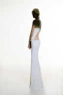 Model wearing the Open Back Maxi Dress off white detail from the Adriana Degreas and Sabine Getty collab with 96% Viscose 4% Elastane styled for a evening look.