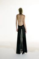 Model wearing the Open Back Slip Dress back from the Adriana Degreas and Sabine Getty collab with 100% Silk styled for a date night look.