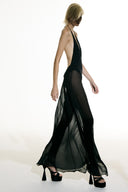 Model wearing the Open Back Slip Dress concept from the Adriana Degreas and Sabine Getty collab with 100% Silk styled for a date night look.