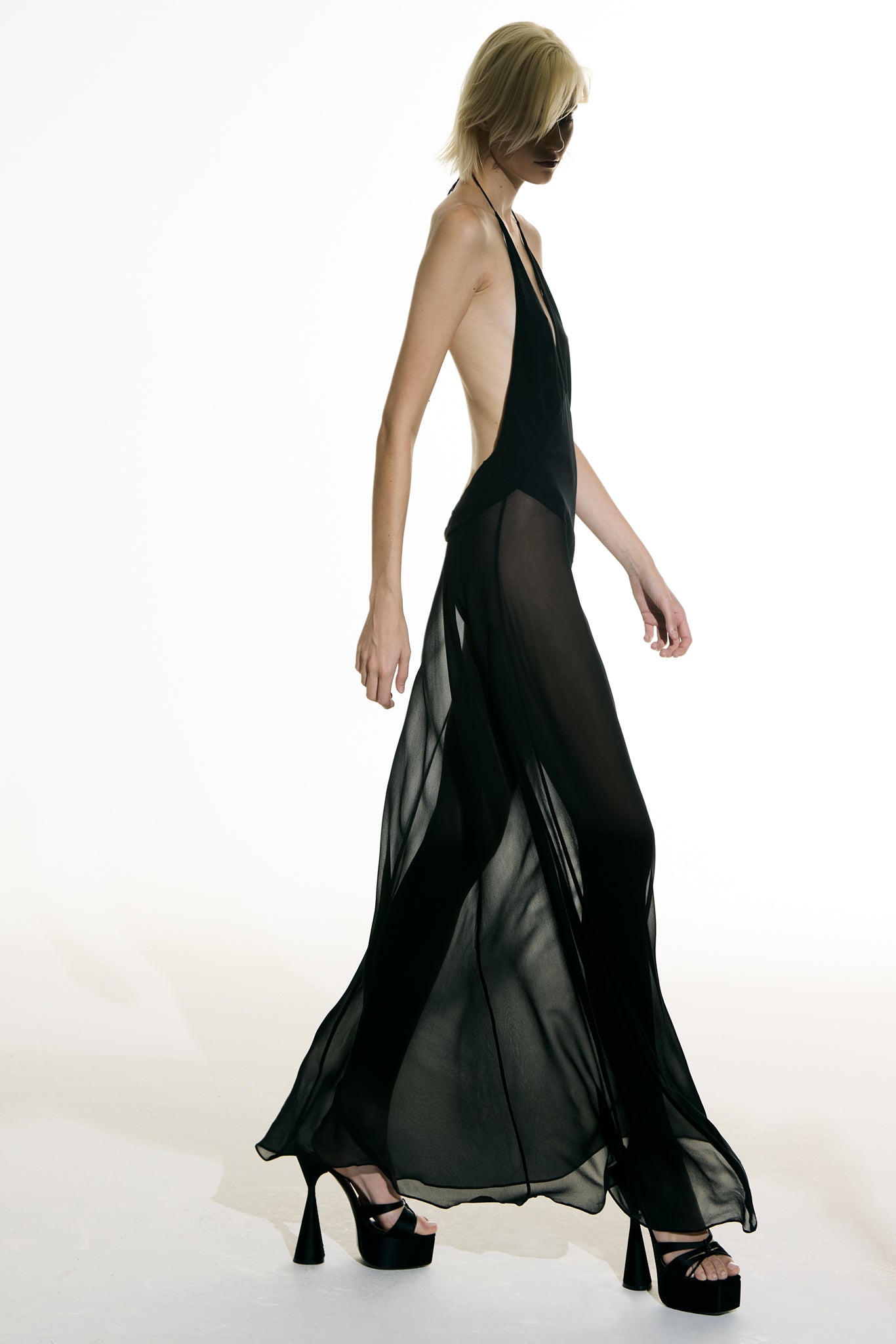 Model wearing the Open Back Slip Dress concept from the Adriana Degreas and Sabine Getty collab with 100% Silk styled for a date night look.