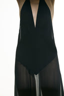 Model wearing the Open Back Slip Dress detail from the Adriana Degreas and Sabine Getty collab with 100% Silk styled for a date night look.