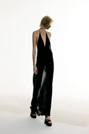 Model wearing the Open Back Slip Dress front from the Adriana Degreas and Sabine Getty collab with 100% Silk styled for a date night look.