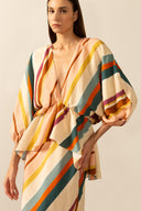 Model wearing the  Organic Stripes Peplum Midi Dress unique color detail from the HS25 with 56% Viscose 44% Linen styled for a lunch look.  