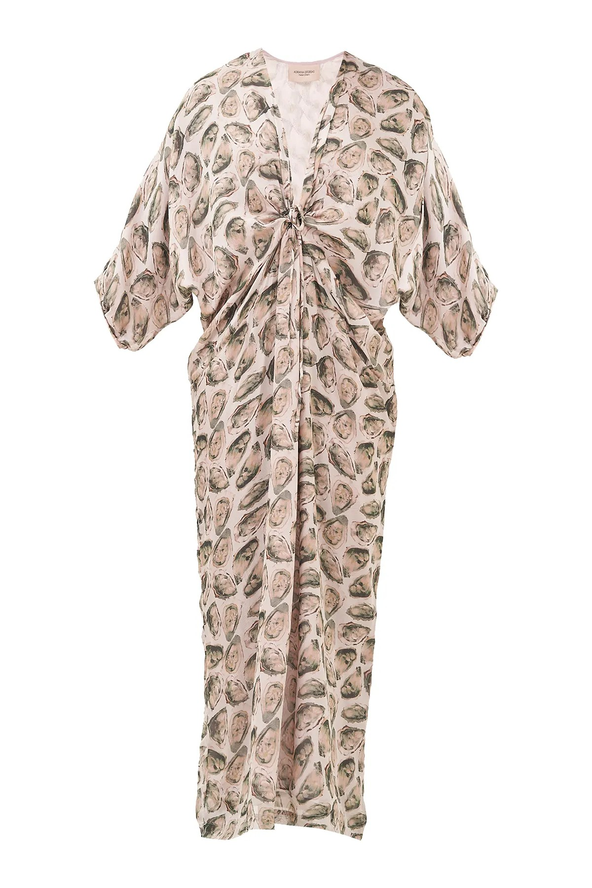 Still image of the Oysters Long Kaftan With Knot, with Oysters Print, on a silk fabric.