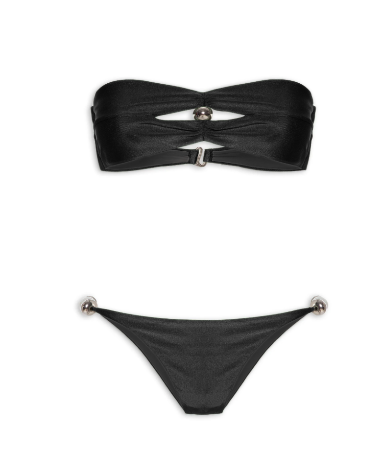 Still image of the Oysters Solid Black Strapless Bikini With Pearl, on stretchy fabric.