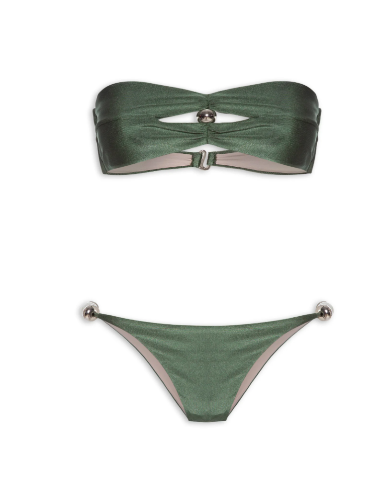 Still image of the Oysters Solid Green Strapless Bikini With Pearl, on stretchy fabric.