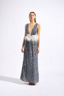 Model wearing the Pois Plunge-Neck Long Dress front with 100%¨viscose styled for a gala event