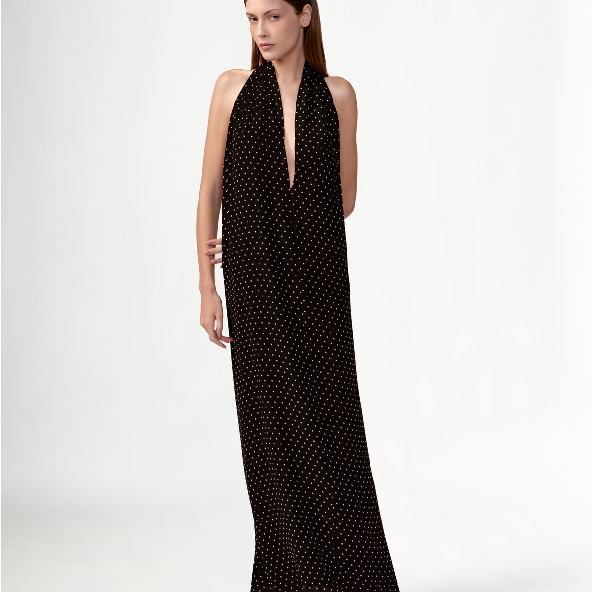 Polka Dots Halter V-Neck Maxi Dress