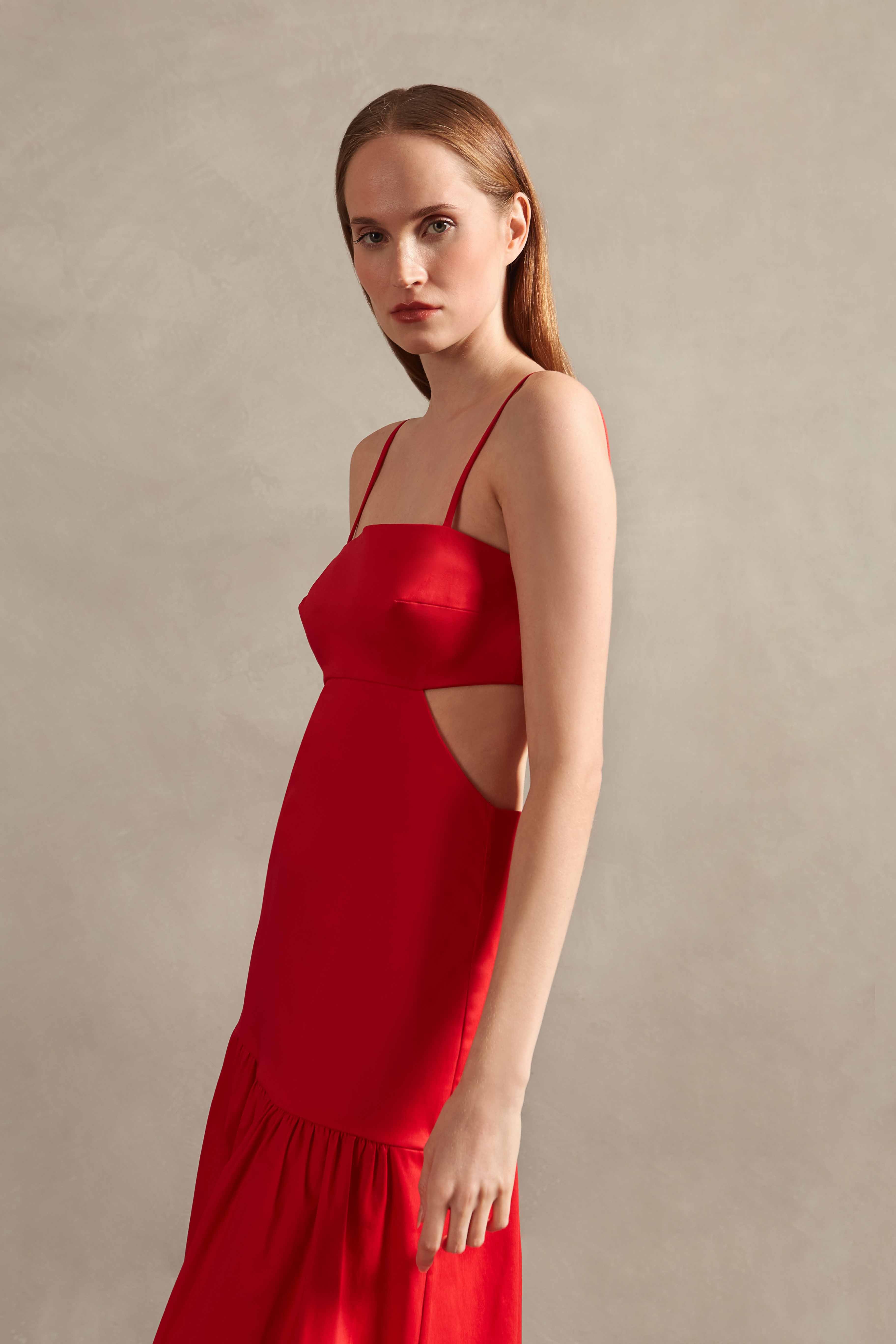 Red Solid Cotton Cut-Outs Long Dress Detail