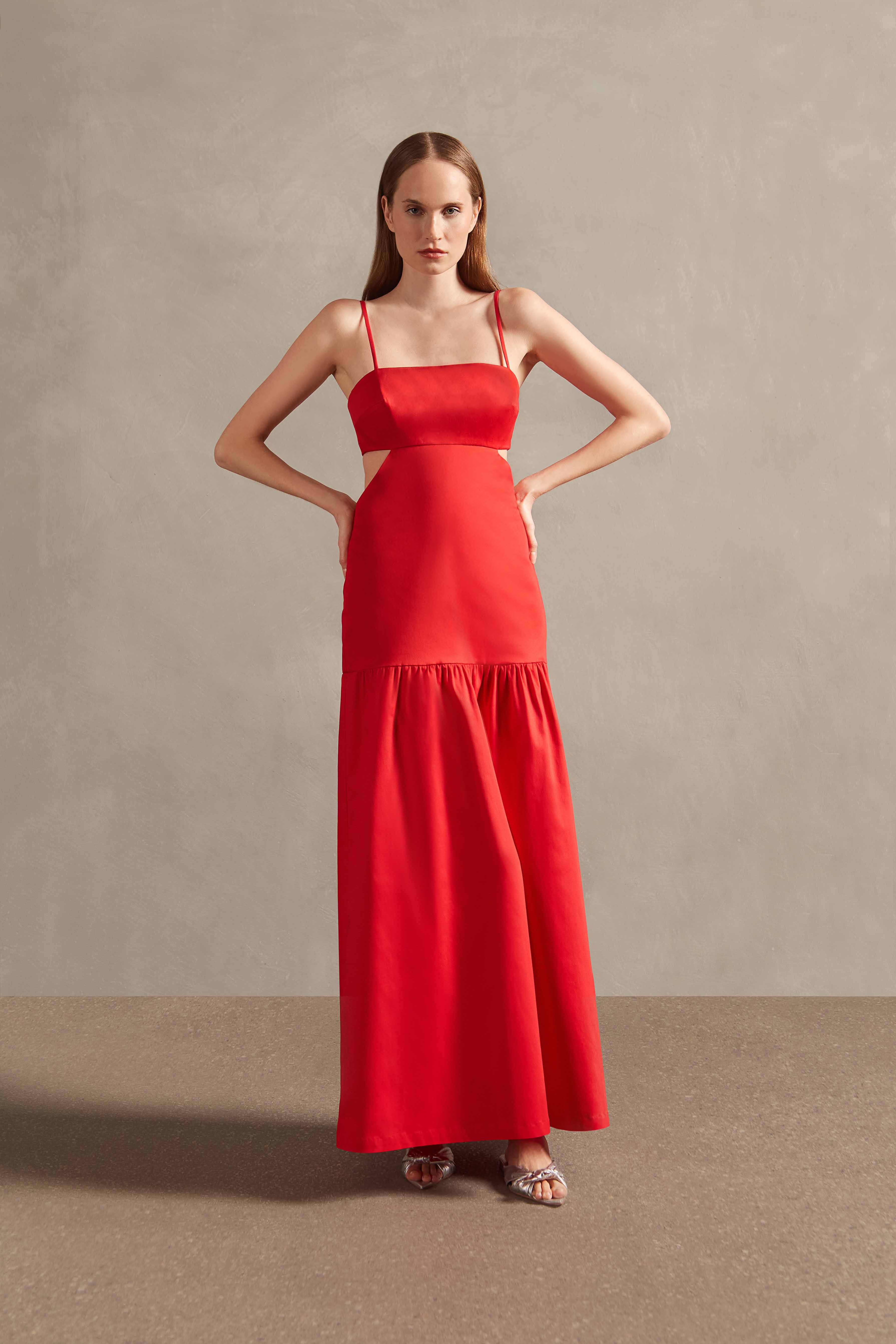 Red Solid Cotton Cut-Outs Long Dress Front