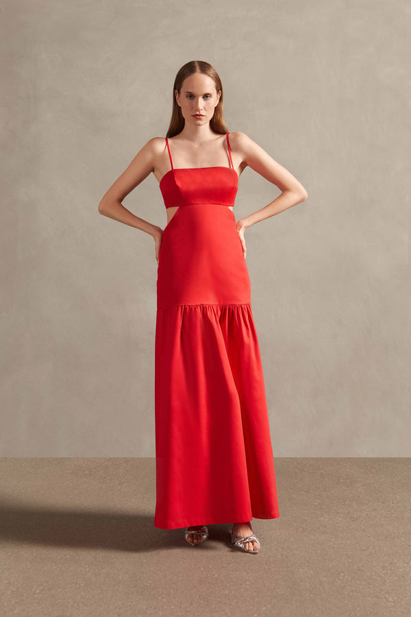 Red Solid Cotton Cut-Outs Long Dress Front