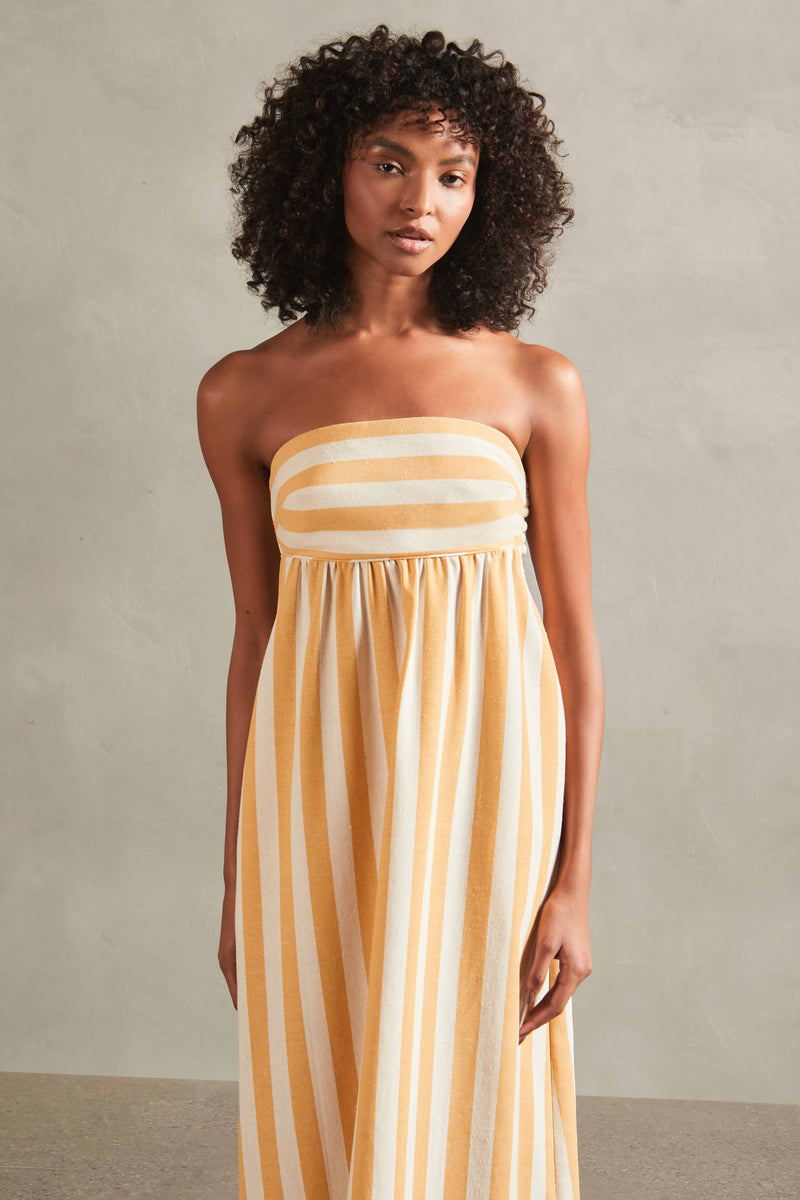 Riviera Off-White and Yellow Strapless Long Dress Close Up