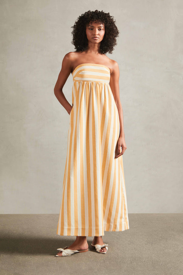 Riviera Off-White and Yellow Strapless Long Dress